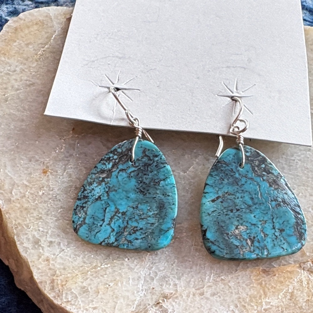 Turquoise Stone Drop Earrings - Blue-Green Semi-Precious Jewelry - Picture 2 of 5